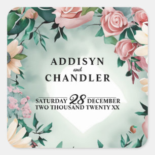 Pastel Blume Elegante: Grün blühende Hochzeit Quadratischer Aufkleber