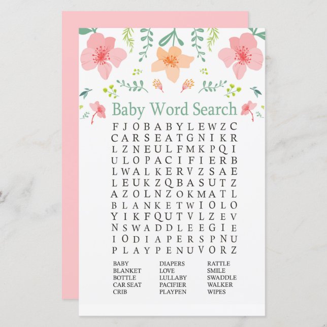 Pastel Blume Kinderdusche Word Search Game (Vorne/Hinten)