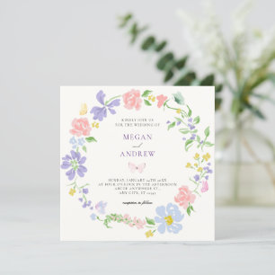 Pastel-Blume-Kranz mit Schmetterlingen Hochzeit Einladung