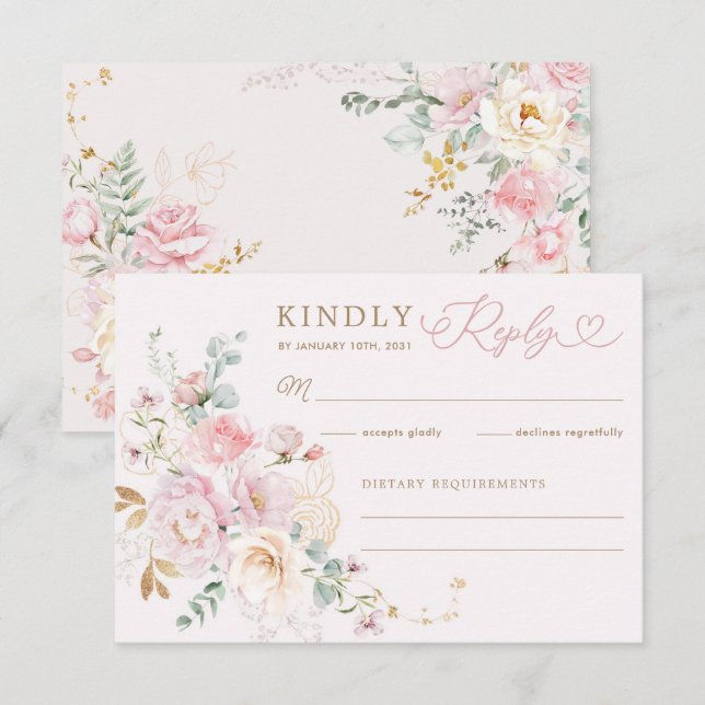Pastel Blush Blumengrün Wedding RSVP Karte (Vorne/Hinten)