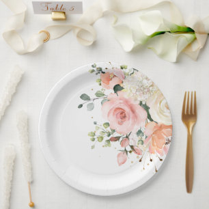 Pastel Blush Elfenbeinrosa Botanische Hochzeit mit Pappteller
