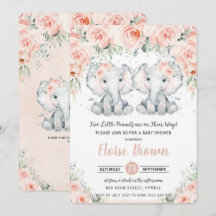 Pastel Blush Floral Elephant Twins Baby Dusche