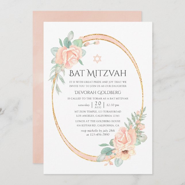 Pastel Blush Floral Geometric Bat Mitzvah Einladung (Vorne/Hinten)