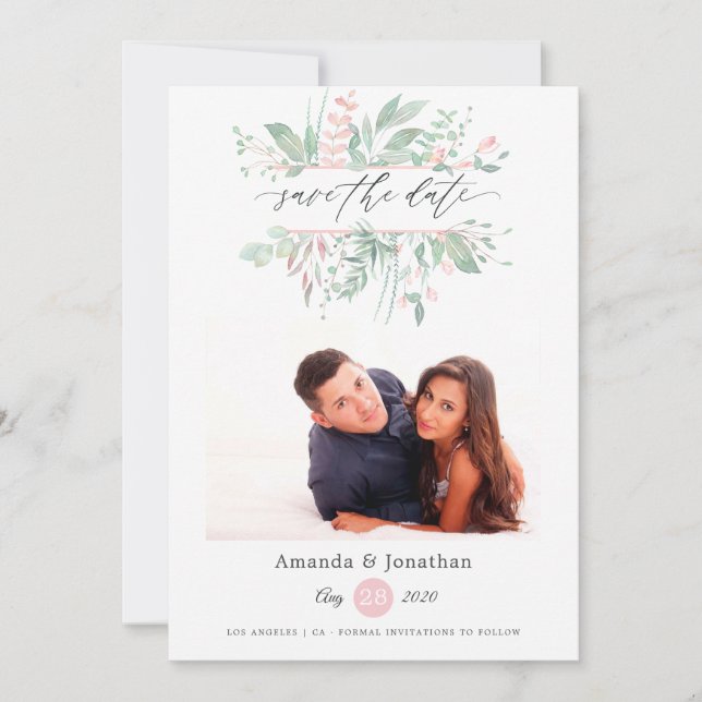 Pastel Blush Greenerity Foto Wedding Save The Date (Vorderseite)