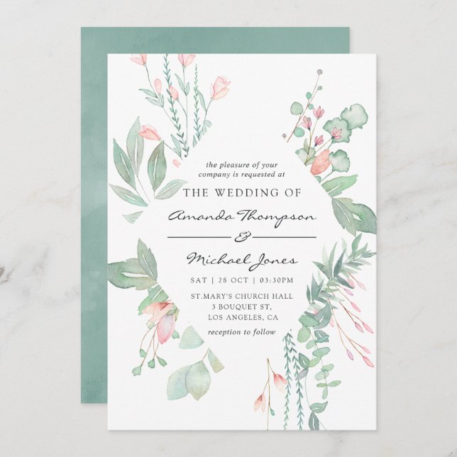 Pastel Blush Greenerity Wedding Einladung (Vorne/Hinten)