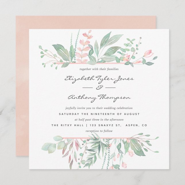 Pastel Blush Greenerity Wedding Einladung (Vorne/Hinten)