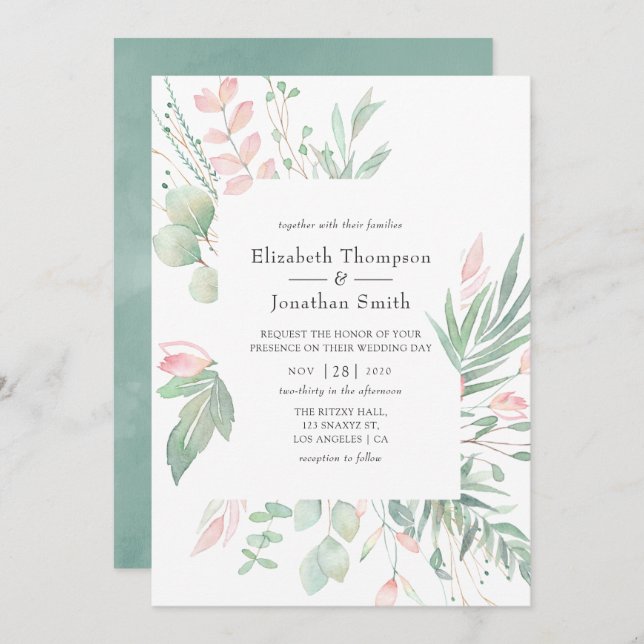 Pastel Blush Greenerity Wedding Einladung (Vorne/Hinten)