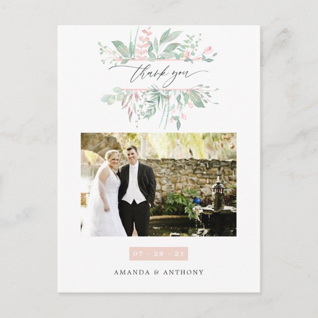 Pastel Blush Greenerity Wedding Foto Vielen Dank Postkarte (Vorderseite)