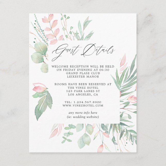 Pastel Blush Greenerity Wedding Guest Details Begleitkarte (Vorderseite)