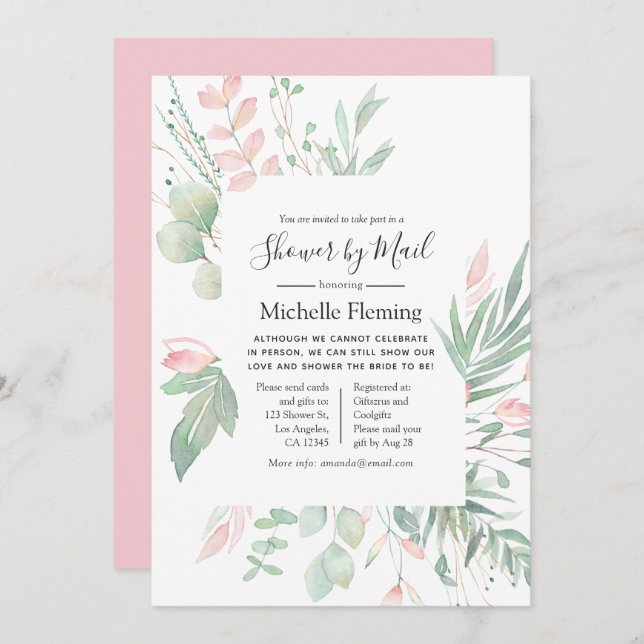 Pastel Blush Greenery Bridal oder Baby Mail Dusche Einladung (Vorne/Hinten)