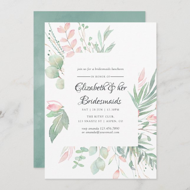 Pastel Blush Greenery Bridesmaids Luncheon Einladung (Vorne/Hinten)