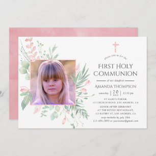 Pastel Blush Greenery Erster Kommunion Einladung
