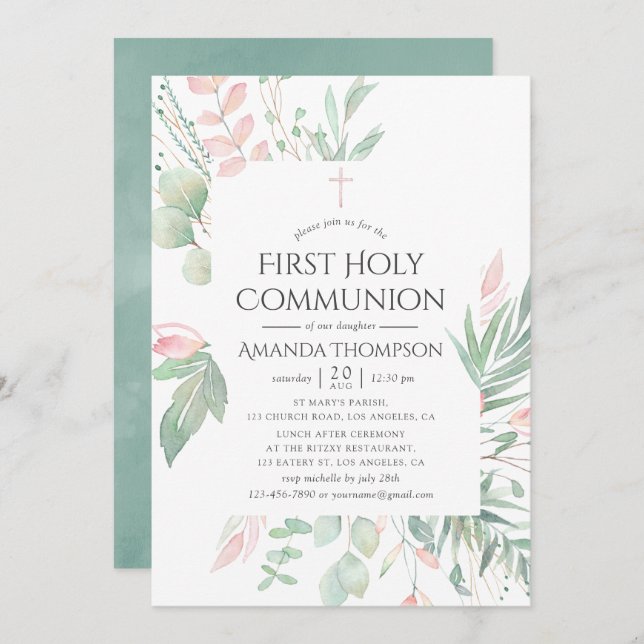 Pastel Blush Greenery Erster Kommunion Einladung (Vorne/Hinten)