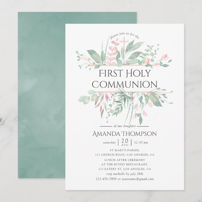 Pastel Blush Greenery Erster Kommunion Einladung (Vorne/Hinten)