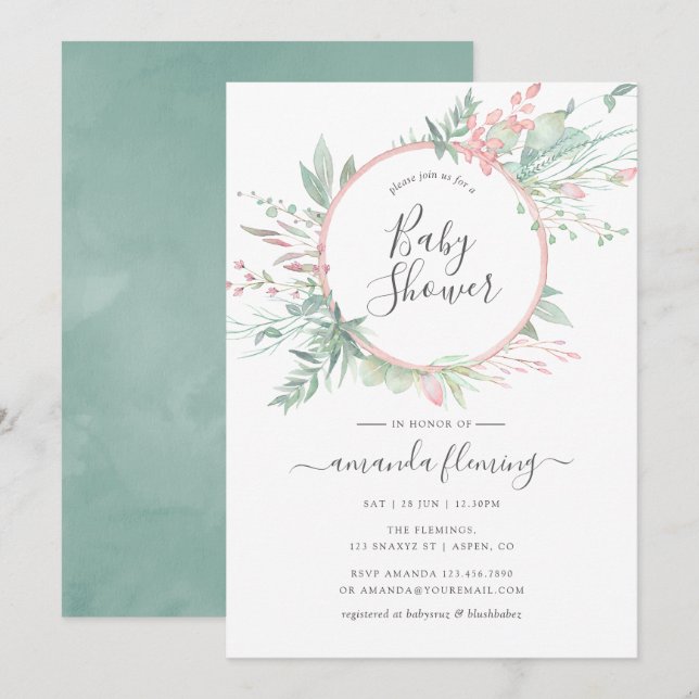 Pastel Blush Greenery Geometric Baby Shower Einladung (Vorne/Hinten)