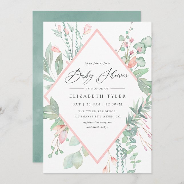 Pastel Blush Greenery Geometric Baby Shower Einladung (Vorne/Hinten)