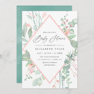 Pastel Blush Greenery Geometric Baby Shower Einladung