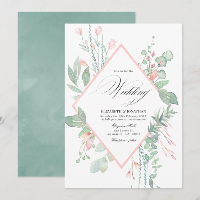 Pastel Blush Greenery Geometric Wedding Einladung (Vorne/Hinten)