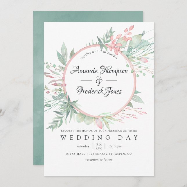 Pastel Blush Greenery Geometric Wedding Einladung (Vorne/Hinten)