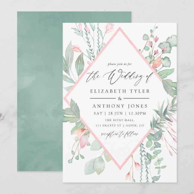 Pastel Blush Greenery Geometric Wedding Einladung (Vorne/Hinten)