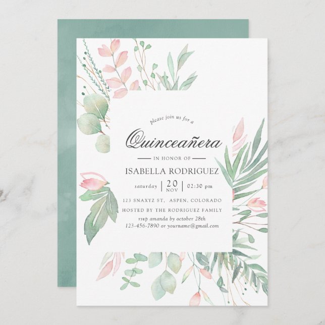 Pastel Blush Greenery Quinceañera Einladung (Vorne/Hinten)
