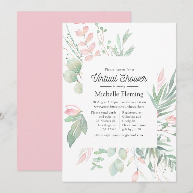 Pastel Blush Greenery Virtual Baby Shower Einladung (Vorne/Hinten)