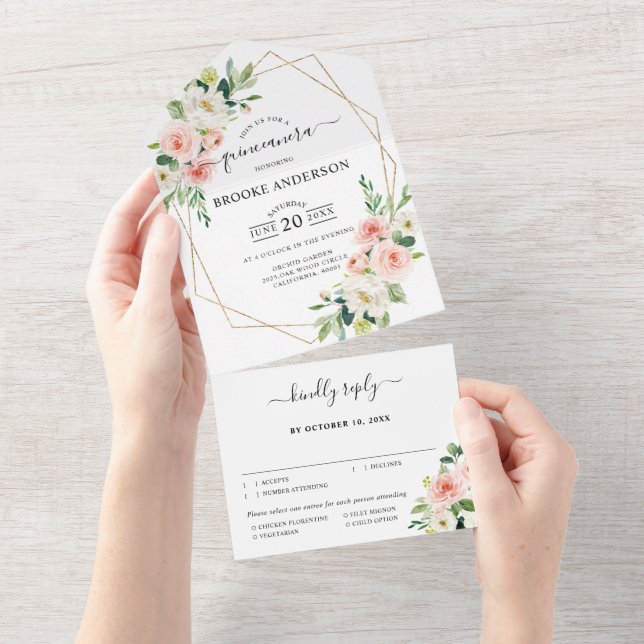 Pastel Blush Hübsch Pink Botanische Quinceanera All In One Einladung (Abreißen)