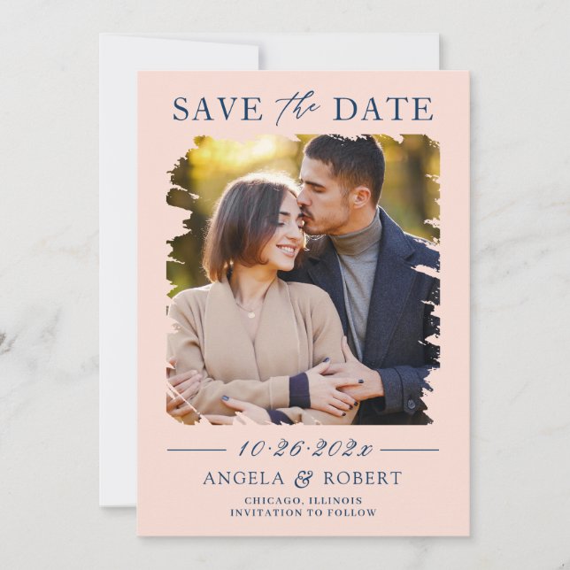 Pastel Blush Navy Brush Stroke Foto Rahmen Hochzei Save The Date (Vorderseite)