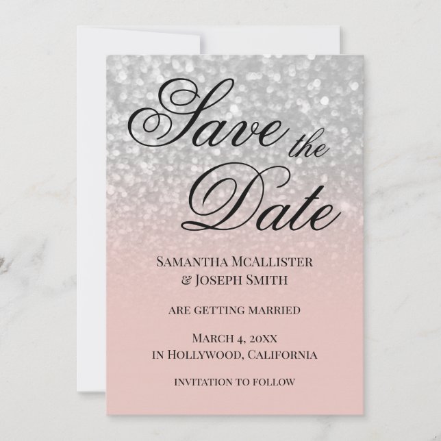 Pastel Blush Ombre Silver Glitzer Save the Date Einladung (Vorderseite)
