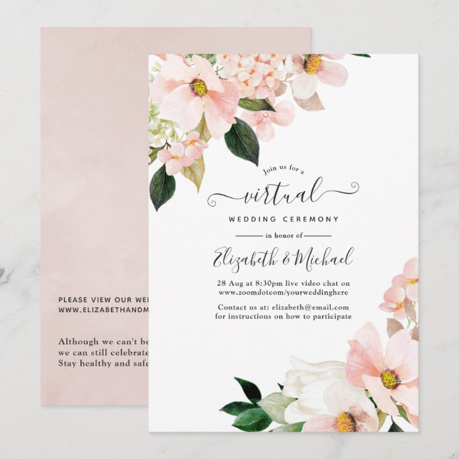 Pastel Blush Pink Bloral Online Virtual Wedding Einladung (Vorne/Hinten)