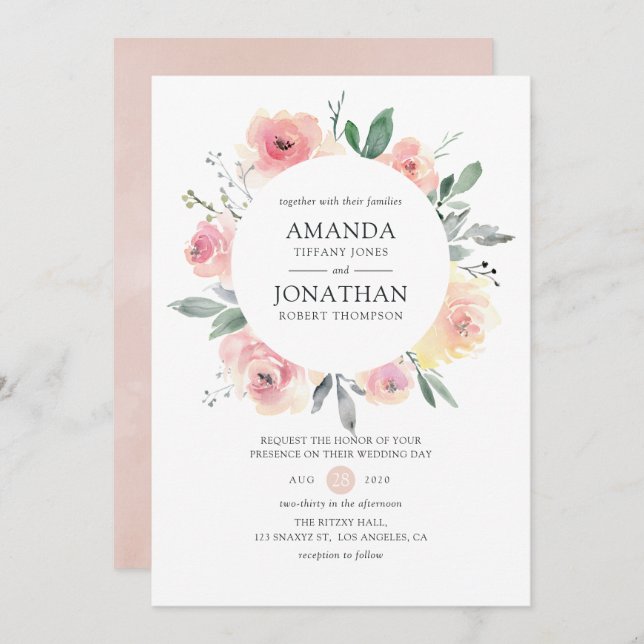 Pastel Blush Pink Bloral Wedding Einladung (Vorne/Hinten)