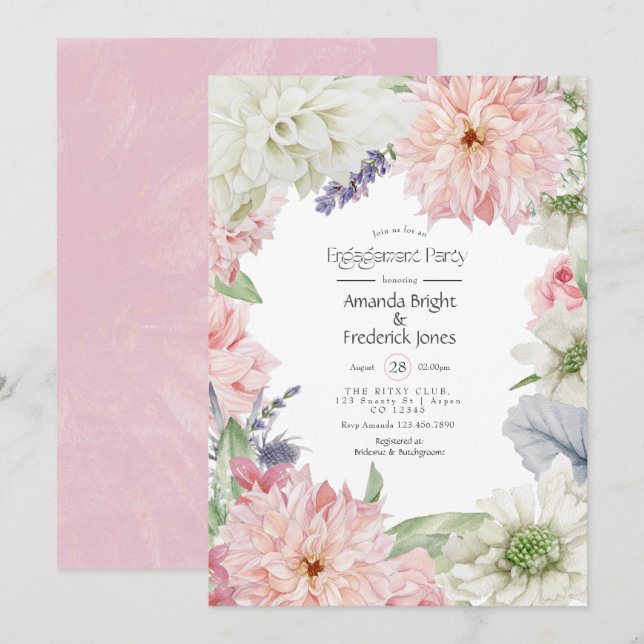 Pastel Blush Pink Dahlia Engagement Party Einladun Einladung (Vorne/Hinten)