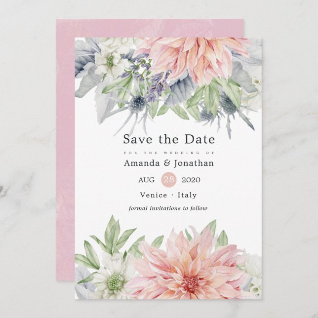Pastel Blush Pink Dahlia Hochzeit speichern das Da Save The Date (Vorne/Hinten)