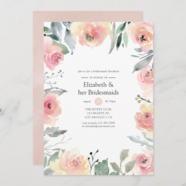 Pastel Blush Pink Floral Bridesmaids Luncheon Einladung (Vorne/Hinten)