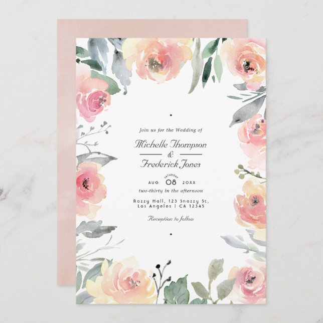 Pastel Blush Pink Floral QR Code UAWG Wedding Einladung (Vorne/Hinten)