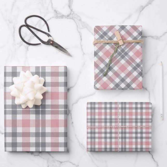Pastel Blush Pink Gray White Plaid Pattern Geschenkpapier Set (Vorderseite)