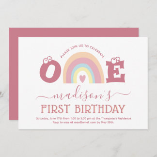 Pastel Blush Pink Rainbow Girls 1. Geburtstag Einladung