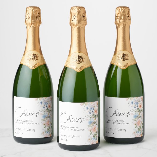 Pastel Blush White Blue Floral Cheers Wedding (Flaschen)
