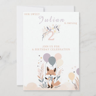 Pastel Boho Baby Fox und Balloons Geburtstag Einladung