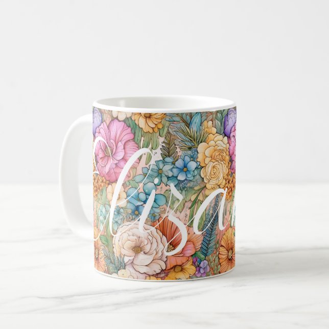 Pastel Boho Big Happy Watercolor Botanical Florals Kaffeetasse (Vorderseite Links)