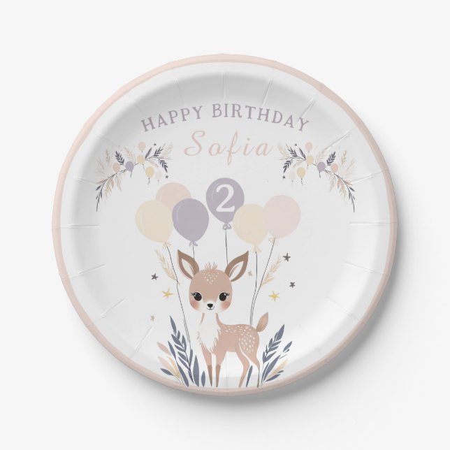 Pastel Boho Fawn und Balloons Geburtstag Pappteller (Vorderseite)