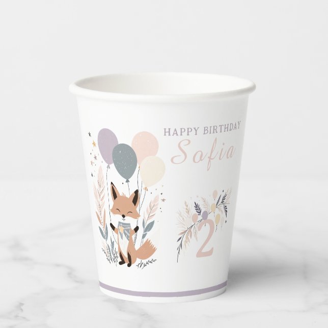 Pastel Boho Fox und Balloons zum Geburtstag Pappbecher (Vorderseite)