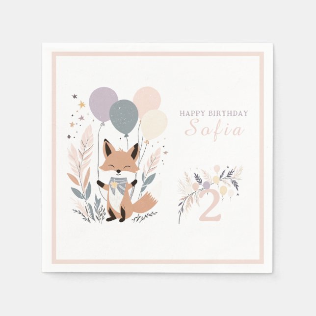 Pastel Boho Fox und Balloons zum Geburtstag Serviette (Vorderseite)