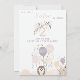Pastel Boho Igel und Balloons Geburtstag Einladung
