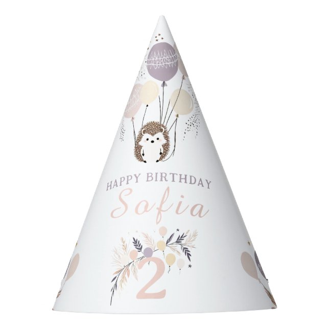 Pastel Boho Igel und Balloons Geburtstag Partyhütchen (Vorderseite)