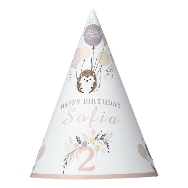 Pastel Boho Igel und Balloons Geburtstag Partyhütchen (Vorderseite)