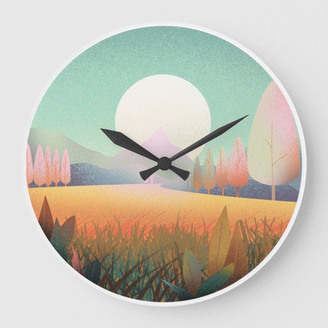 Pastel Boho Mountain Landscape Nature Clock Große Wanduhr (Vorderseite)