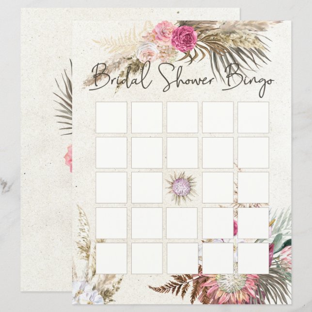 Pastel Boho Neutral Floral Brautparty Bingo (Vorne/Hinten)