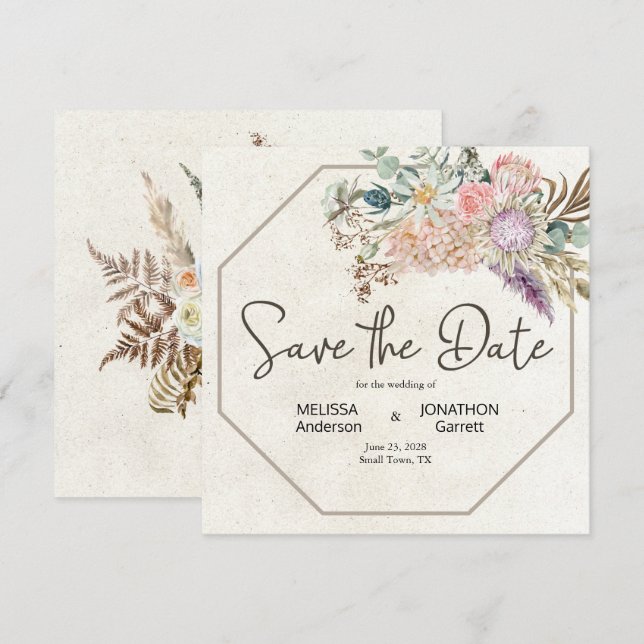 Pastel Boho Neutral Floral Elegant Save the Date (Vorne/Hinten)