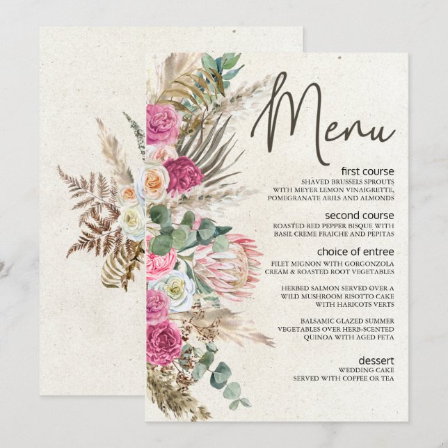 Pastel Boho Neutral Floral Wedding Menu Menükarte (Vorne/Hinten)